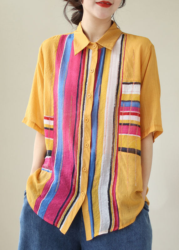 DIY Yellow Striped Zircon Patchwork Cotton Shirts Tops Summer