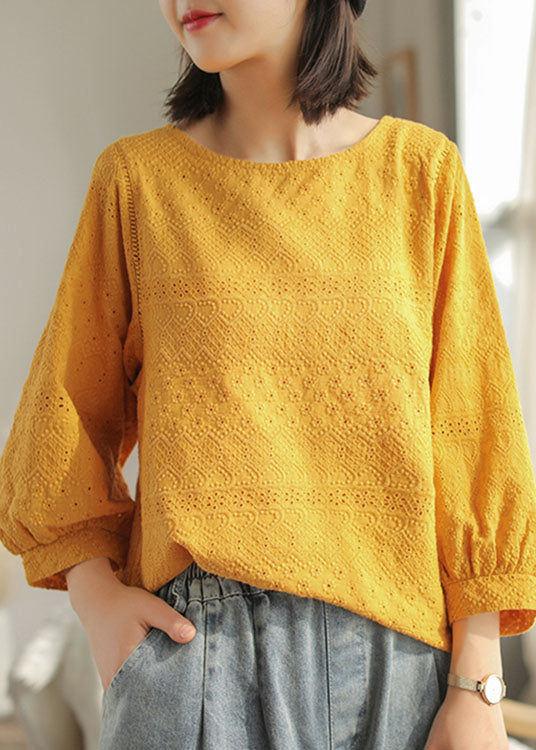 DIY Yellow fashion Hollow Out Embroidered Fall Long sleeve Tops