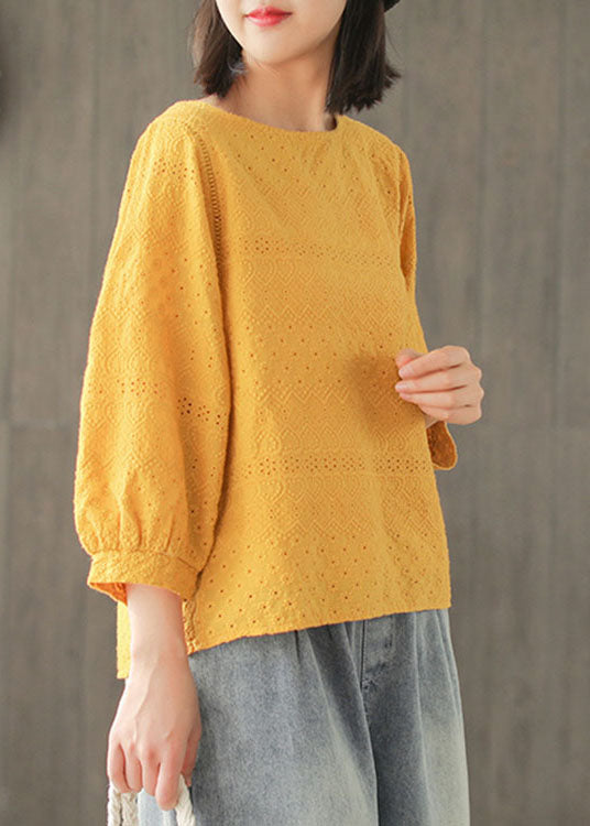 DIY Yellow fashion Hollow Out Embroidered Fall Long sleeve Tops