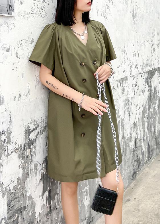 DIY army green Wardrobes v neck Double row buttons Dress - SooLinen