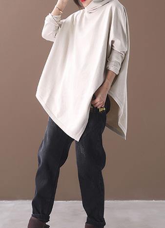 DIY asymmetric hem cotton high neck blouses for women Fabrics beige white tops - SooLinen