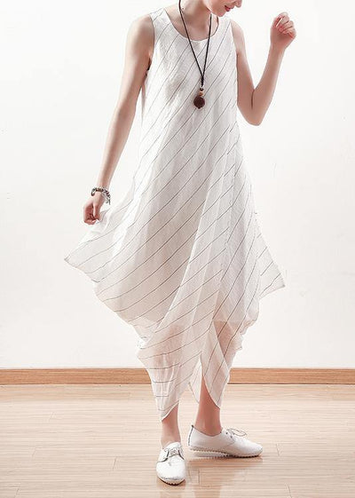 DIY asymmetric linen dresses Work white striped Dress summer - SooLinen