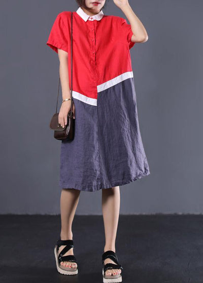 DIY asymmetric patchwork linen tunic dress Wardrobes red Robe Dresses POLO collar - SooLinen