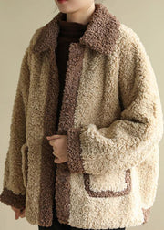DIY beige Plus Size clothes For Women Tutorials lapel collar patchwork coats - SooLinen