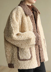 DIY beige Plus Size clothes For Women Tutorials lapel collar patchwork coats - SooLinen
