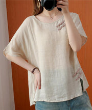 DIY beige blouses for women o neck Chinese Button blouses - SooLinen