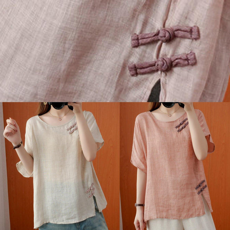DIY beige blouses for women o neck Chinese Button blouses - SooLinen