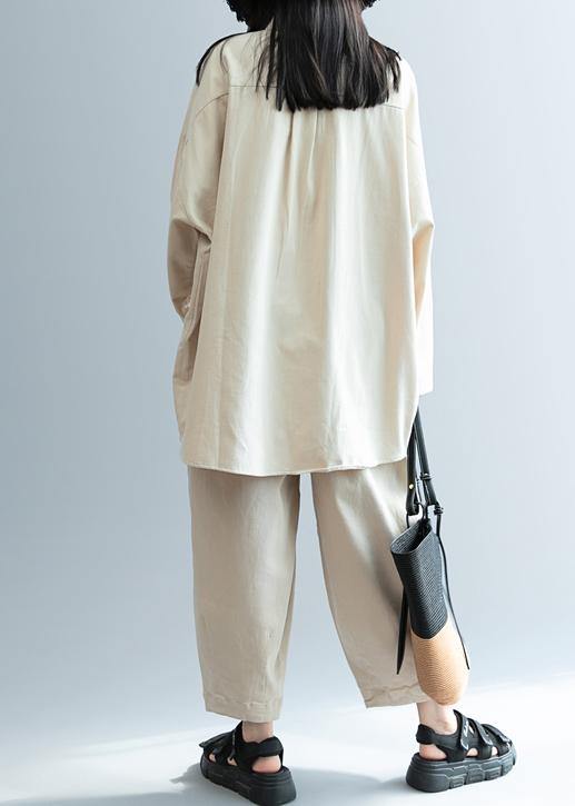 DIY beige clothes For Women lapel pockets Knee shirt - SooLinen