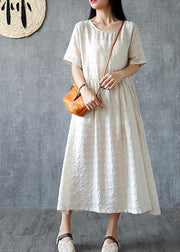 DIY beige linen quilting dresses o neck Cinched Kaftan summer Dresses - SooLinen