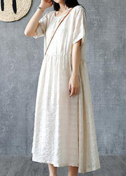 DIY beige linen quilting dresses o neck Cinched Kaftan summer Dresses - SooLinen