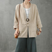 DIY beige shirts women v neck pockets Plus Size Clothing shirt - SooLinen