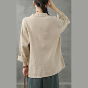 DIY beige shirts women v neck pockets Plus Size Clothing shirt - SooLinen