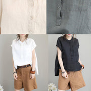 DIY beige white linen shirts women short sleeve baggy low high design tops - SooLinen