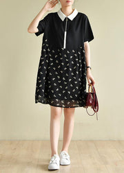DIY black Bee print lapel patchwork short summer Dress - SooLinen