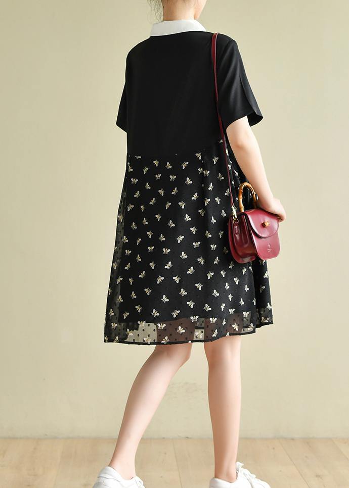 DIY black Bee print lapel patchwork short summer Dress - SooLinen