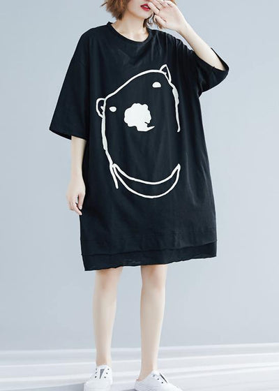 DIY black Cartoon print Cotton Tunics o neck Art summer Dress - SooLinen