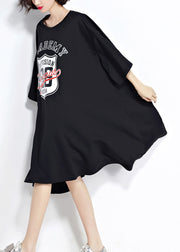 DIY black Cotton Tunics Women pattern o neck asymmetric Knee Summer Dress