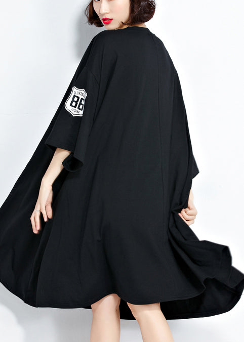 DIY black Cotton Tunics Women pattern o neck asymmetric Knee Summer Dress