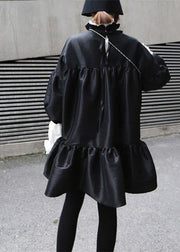 DIY black Cotton Tunics lantern sleeve elastic waist Dress - SooLinen