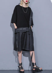 DIY black Cotton dresses o neck zippered oversized summer stylish Dress - SooLinen