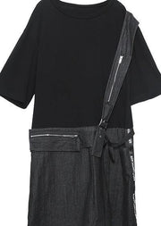 DIY black Cotton dresses o neck zippered oversized summer stylish Dress - SooLinen