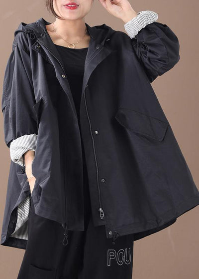 DIY black Fashion coats women blouses Neckline hooded baggy winter coats - SooLinen
