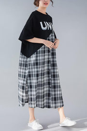 DIY schwarz karierte Baumwollsteppkleidung Frauen arbeiten o Hals Patchwork lange Sommerkleider
