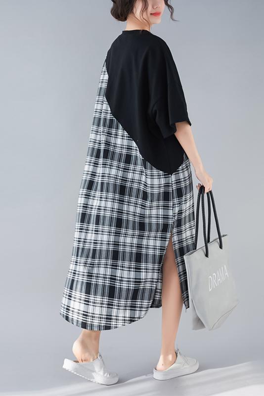DIY black Plaid cotton quilting clothes Women Work o neck patchwork long Summer Dresses