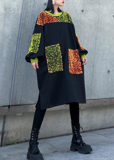 DIY black Sequined decorated cotton dresses patchwork long winter Dresses - SooLinen
