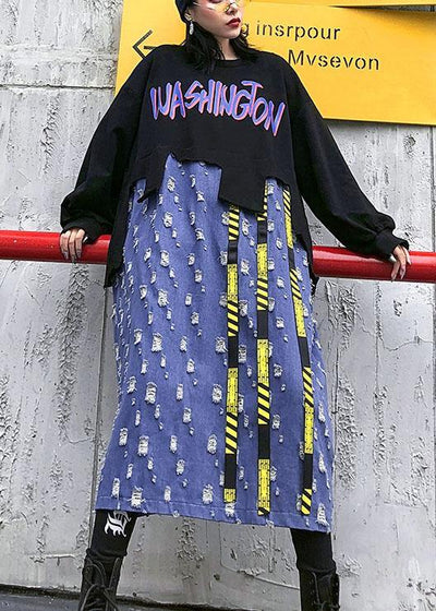 DIY black alphabet cotton Tunic o neck patchwork Kaftan Dresses - SooLinen