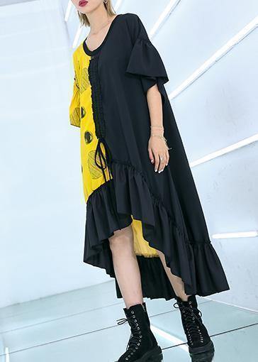 DIY black asymmetric cotton quilting dresses patchwork Traveling summer Dresses - SooLinen