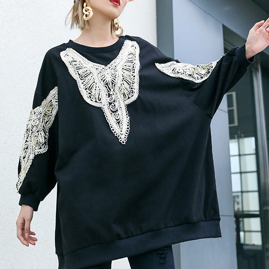 Tunika aus schwarzer Baumwolle zum Selbermachen, feine Inspiration, O-Nacken-Stickerei, Plus Size Clothing Shirt