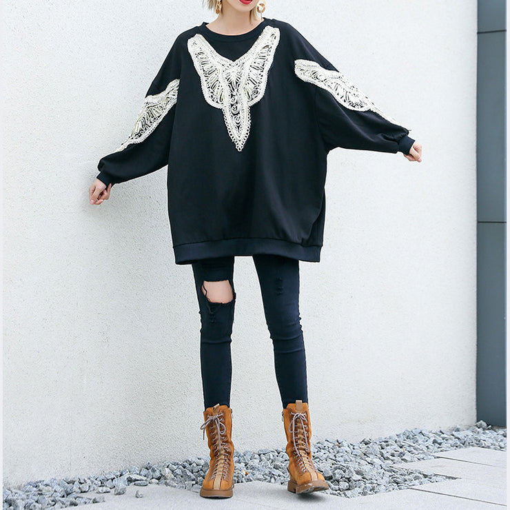 Tunika aus schwarzer Baumwolle zum Selbermachen, feine Inspiration, O-Nacken-Stickerei, Plus Size Clothing Shirt