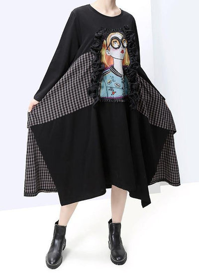 DIY black cotton Tunic girl prints Art patchwork Dresses - SooLinen