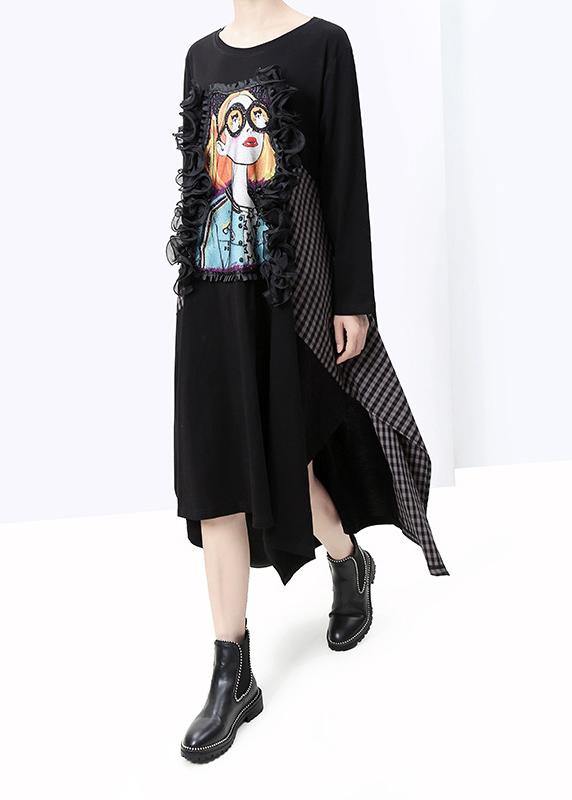 DIY black cotton Tunic girl prints Art patchwork Dresses - SooLinen