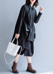 DIY black cotton clothes For Women lapel asymmetric long fall Dress - SooLinen