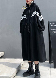 DIY black cotton clothes For Women stand collar patchwork long fall Dress - SooLinen