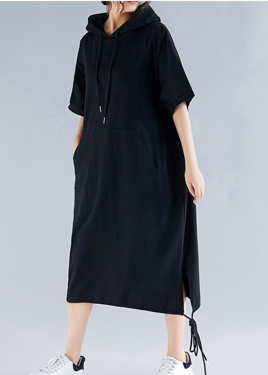 DIY schwarze Baumwollkleidung Damen Fine Inspiration Halbarm mit Kapuze Sommerkleider in Übergröße