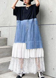 DIY black cotton clothes Women o neck patchwork cotton robes summer Dress - SooLinen