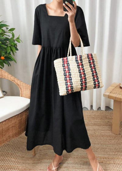DIY black cotton linen Long Shirts v neck flare sleeve Art summer Dresses - SooLinen