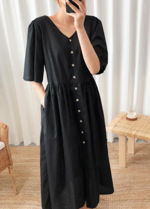 DIY black cotton linen Long Shirts v neck flare sleeve Art summer Dresses - SooLinen