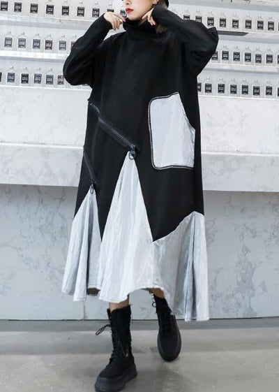DIY black cotton quilting clothes patchwork high neck Maxi Dress - SooLinen
