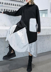 DIY black cotton quilting clothes patchwork high neck Maxi Dress - SooLinen