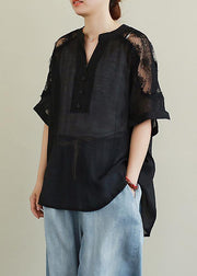 DIY black lace Shirts v neck Plus Size Clothing blouse - SooLinen