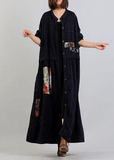 DIY black linen cotton coat patchwork Cinched cotton robes fall coat - SooLinen