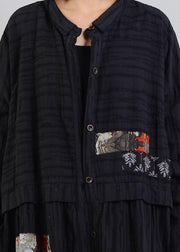 DIY black linen cotton coat patchwork Cinched cotton robes fall coat - SooLinen
