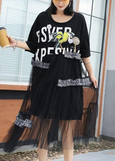DIY black patchwork cotton quilting dresses asymmetric A Line summer Dress - SooLinen