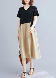 DIY black patchwork khaki Cotton clothes For Women o neck A Line  Dresses - SooLinen
