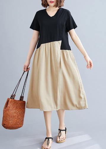 DIY black patchwork khaki Cotton clothes For Women o neck A Line  Dresses - SooLinen