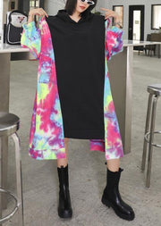 DIY black patchwork print clothes o neck asymmetric shift Dresses - SooLinen